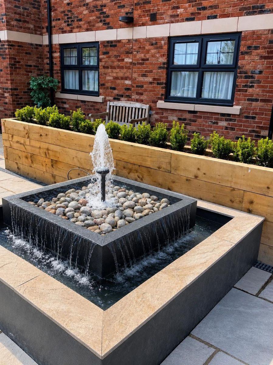 The courtyard water feature with raised planters and a bench