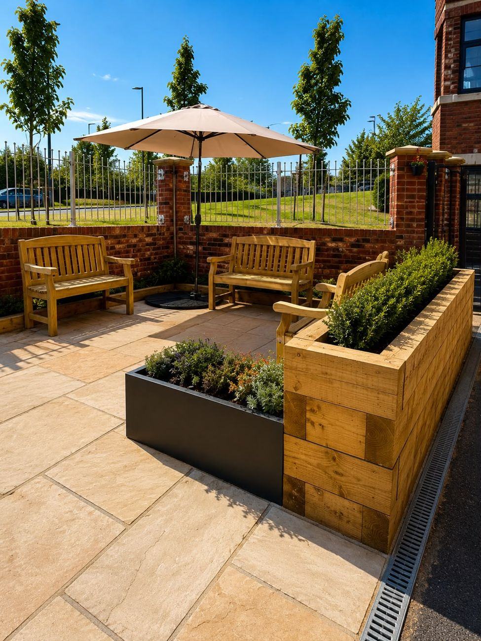 Garden benches and planters in the sunshine