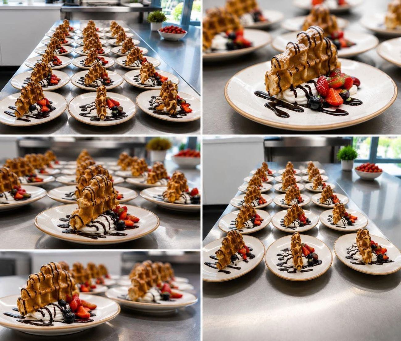Plated desserts with cream and fresh berries from our kitchen