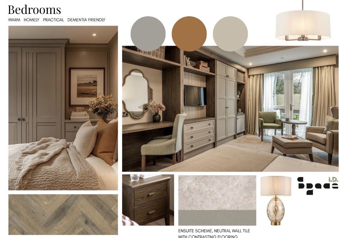 Bedroom mood board: warm neutral colours, fitted wardrobes, herringbone floor and soft lighting