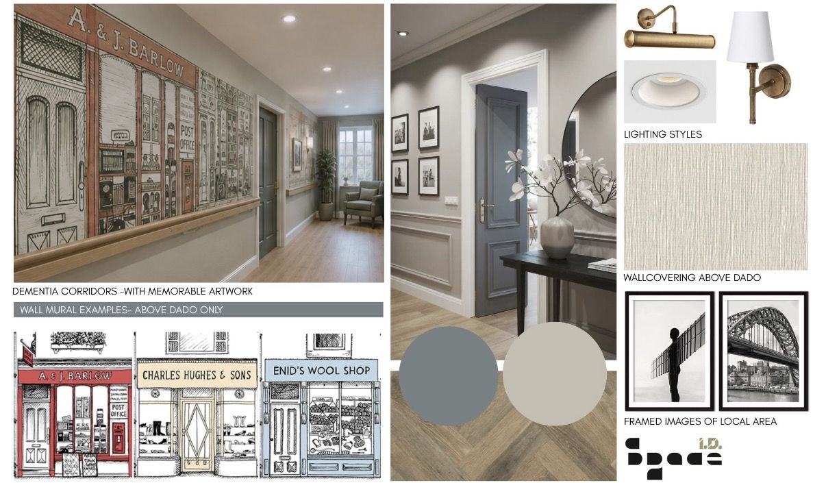 Corridor mood board: dementia friendly corridors with local shopfront murals and framed photos of the North East