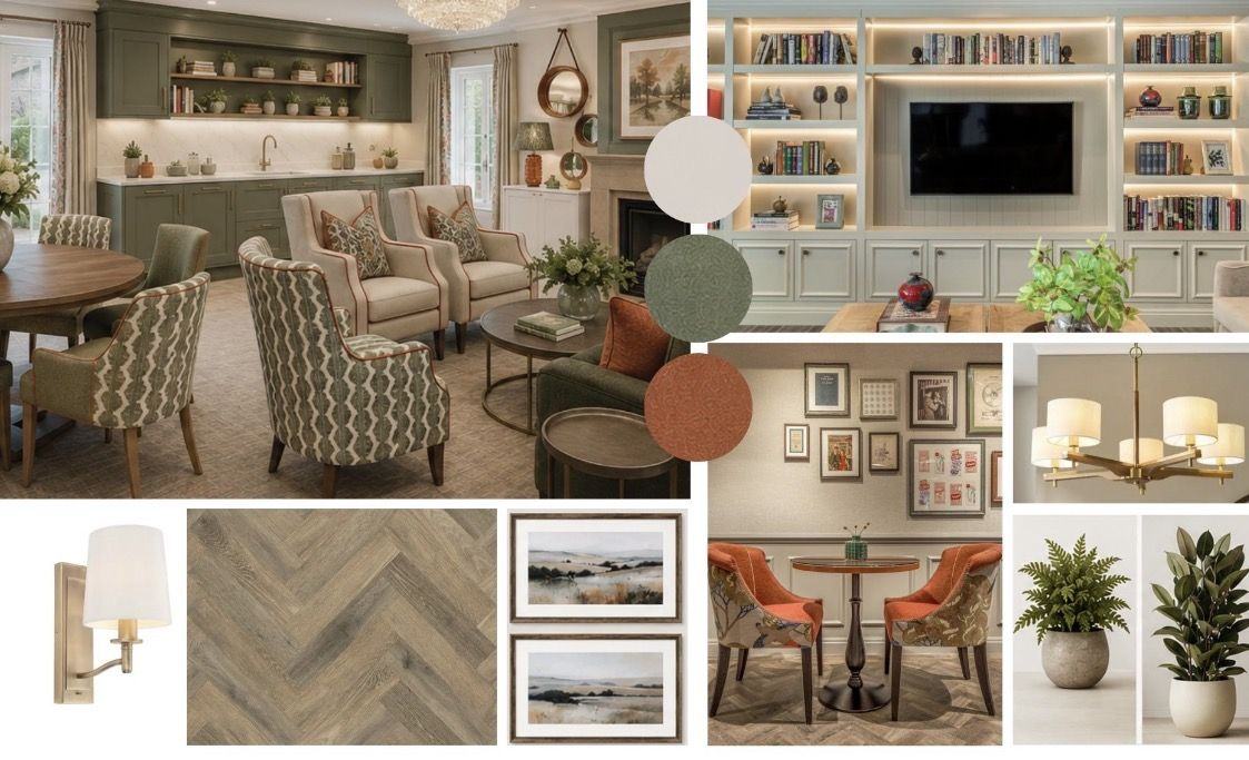 Lounge and dining mood board: sage green, cream and terracotta, herringbone floor, library shelving and a bistro corner