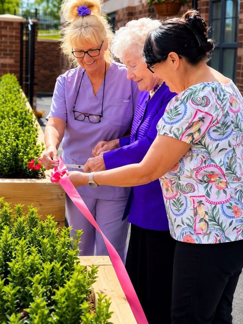 A resident cutting a pink ribbon with two members of staff to open the garden